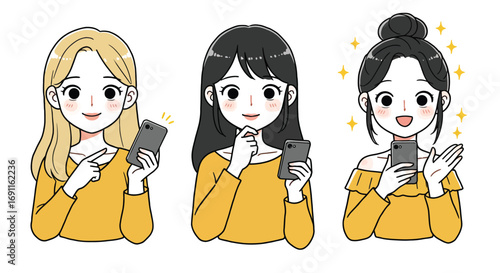 Three cartoon women in yellow shirts are smiling and looking at their phones isolated on white background, showcasing modern communication