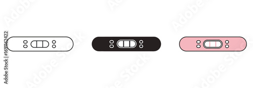 Vector art of three pregnancy test strips showing a positive result with two lines