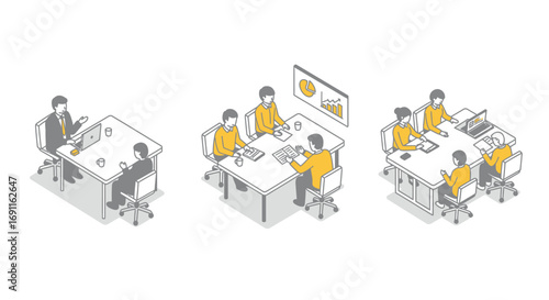 Three isometric illustrations of business meetings with people in suits and yellow shirts, showcasing collaboration isolated on white background