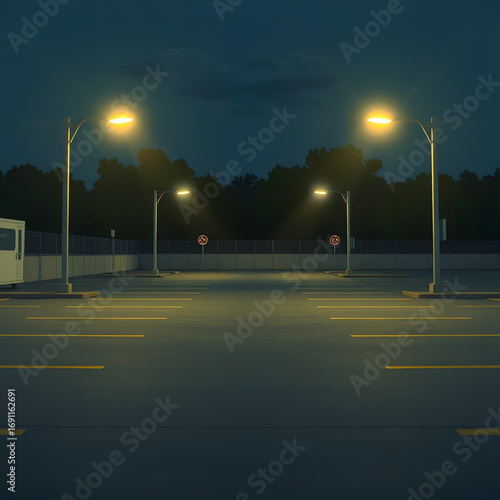 An empty parking lot at night, glowing streetlights casting long shadows, an atmosphere of mystery, silence and cinematic loneliness.