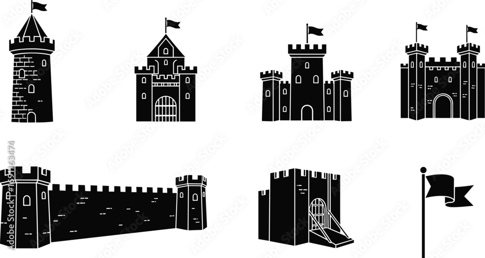 Obraz premium Medieval castle icons set, fortress tower, ancient gate, stone wall, drawbridge, stronghold architecture, historic defense, royalty palace, kingdom security, heritage illustration