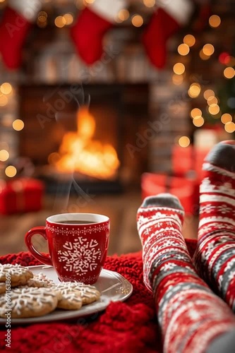 Wallpaper Mural Cozy Christmas scene with striped socks, festive mug, cookies, and warm fireplace background Torontodigital.ca