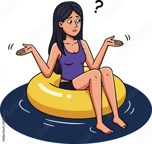 Young woman sitting on yellow inflatable ring in water with confused expression and question mark above head vector illustration 