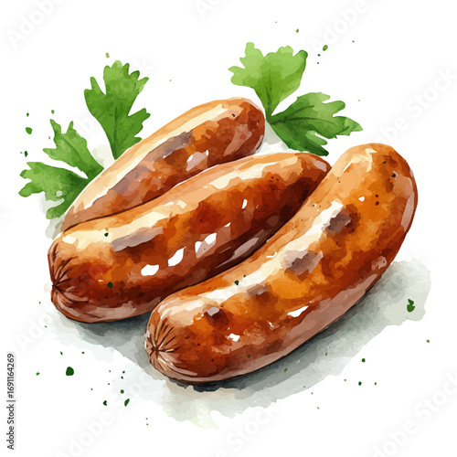 Sausages, watercolor illustration vector, isolated on a white background.