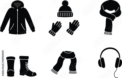 Winter clothing icons including warm jacket, hat with pompom, gloves, scarf, winter boots, earmuffs, cold weather gear essentials