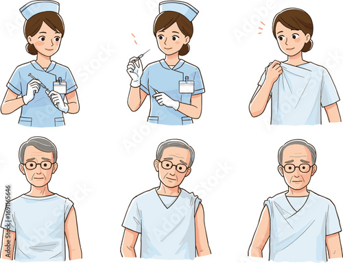 Vaccination cartoon set, nurse, syringe, patient care, injection, healthcare, medical, prevention, elderly, safety, immunization, clinic, public health