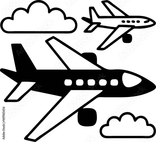 Two airplanes flying in the sky with clouds, symbolizing travel, transportation, and aerial journeys, conveying a sense of movement and freedom