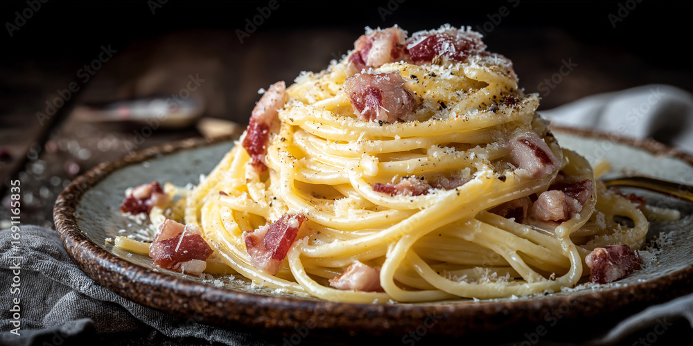 Fototapeta premium Authentic Spaghetti alla Carbonara, al dente spaghetti with creamy egg sauce, crispy guanciale, sprinkled with Pecorino Romano cheese and black pepper, rustic ceramic plate