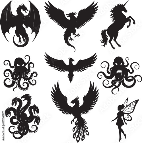 Mythical Creature Silhouettes A Collection of Dragons Phoenixes Unicorns Hydras Octopi and Fairies in Striking Black and White