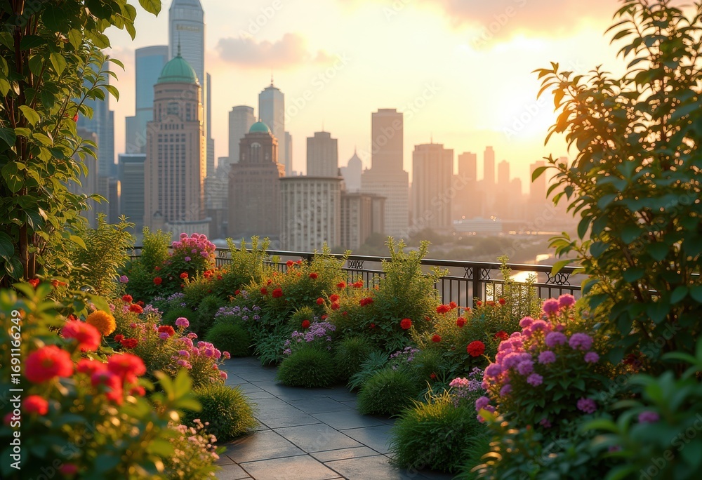 Fototapeta premium lush green rooftop gardens creating urban oasis surrounded stunning city skyline scenic view, greenery, landscape, nature, plant, scenery, terrace, flowers