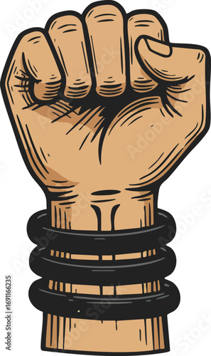 Raised fist clenched hand symbolizing strength and unity with wristbands vector illustration 