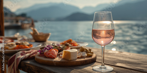 Garda Classico DOC wine, delicate pink rosé in transparent glass, served with antipasti on rustic wooden table, view of Garda lake in background