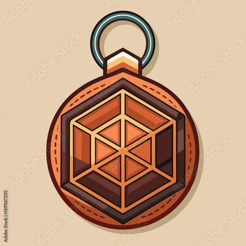Decorative brown pendant illustration with geometric design and stitching detailing with a hanging ring isolated on beige background.