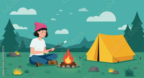 Woman roasting marshmallows over a campfire while camping, enjoying the serene nature and the warmth of the fire, creating a peaceful outdoor experience