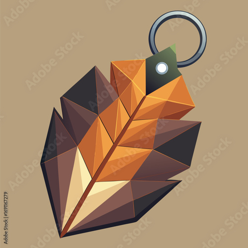 Elegant geometric feather keychain design in autumnal colors with metallic ring for decorative or conceptual usage