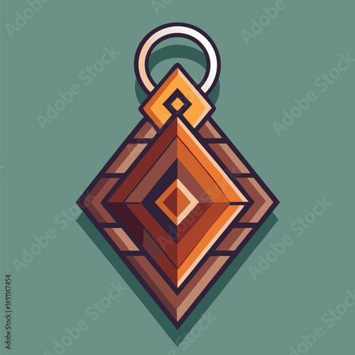 Geometric pendant illustration featuring a stylized diamond shape with brown and orange gradients on a teal background
