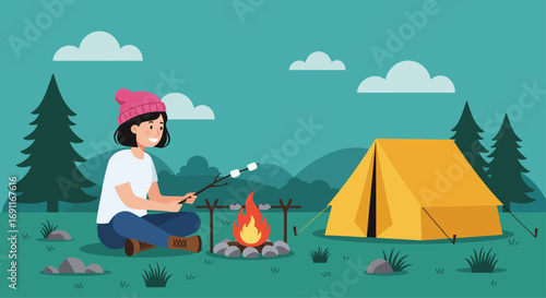 Woman roasting marshmallows over a campfire while camping, enjoying the serene nature and the warmth of the fire, creating a peaceful outdoor experience