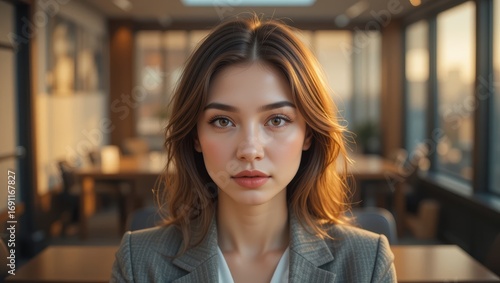 Confident Young Businesswoman in Professional Attire Sitting in Modern Office During Sunset