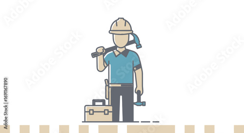 Construction Worker with Safety Helmet and Hammer Vector Illustration