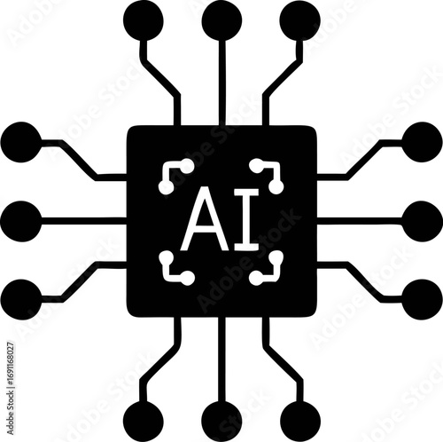 Black and white vector icon of an AI processor chip, a simple glyph symbol representing artificial intelligence technology (777)