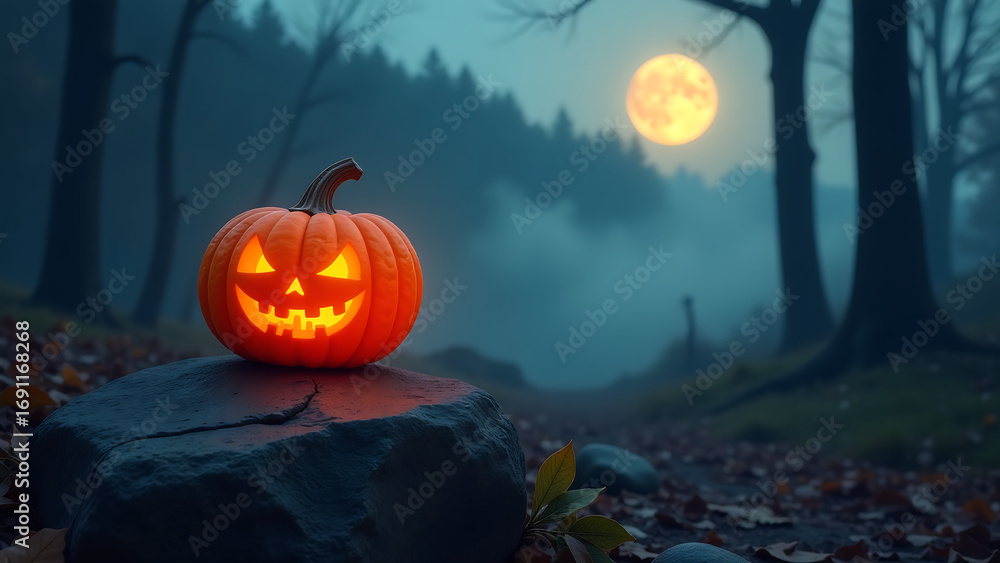 Fototapeta premium lone pumpkin glows warmly atop weathered rock set dark silhouette forest illuminated soft moonlight misty