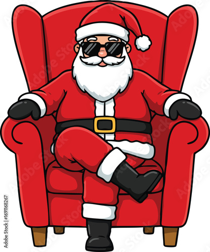 Santa Claus sitting on red armchair wearing sunglasses cool Christmas character vector illustration 