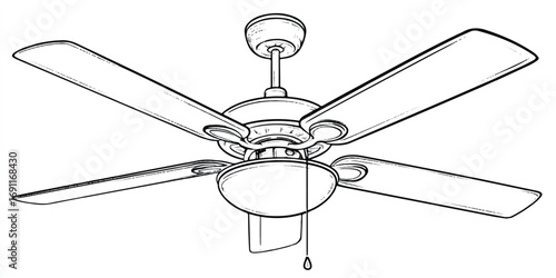 Detailed line art drawing of a ceiling fan with four blades and a light fixture illustration