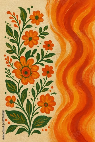 Colorful floral design featuring vibrant orange flowers on a textured background