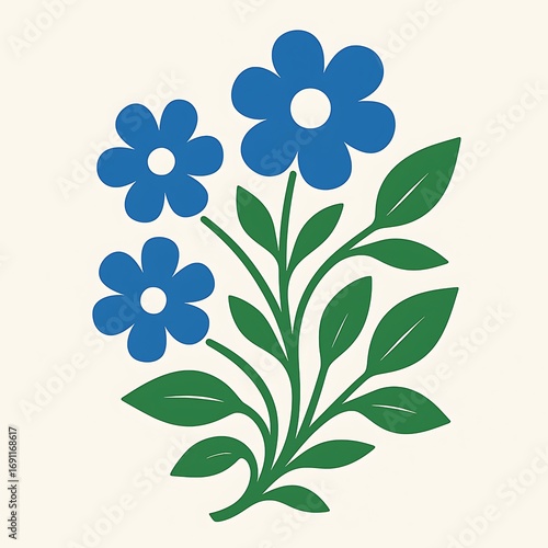 Vibrant blue flowers with green leaves arranged in a lively floral design