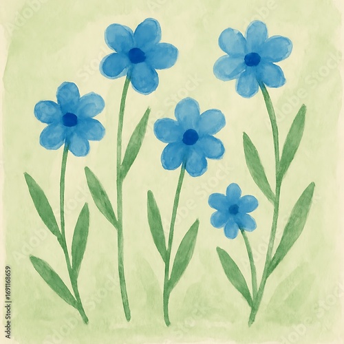 Bright blue flowers with green stems and leaves on a soft, light background in a simple design