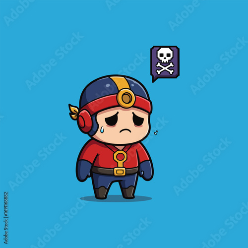 Sad cartoon superhero character with skull and crossbones symbol.