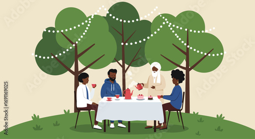 A group of friends are enjoying a tea party in a garden with trees and string lights, creating a warm and inviting atmosphere for socializing
