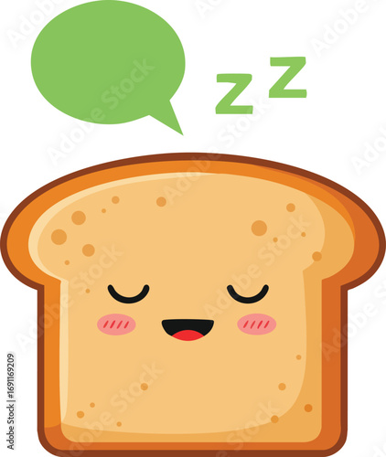 Cute sleeping bread slice cartoon with green speech bubble and zzz symbols in vector illustration 