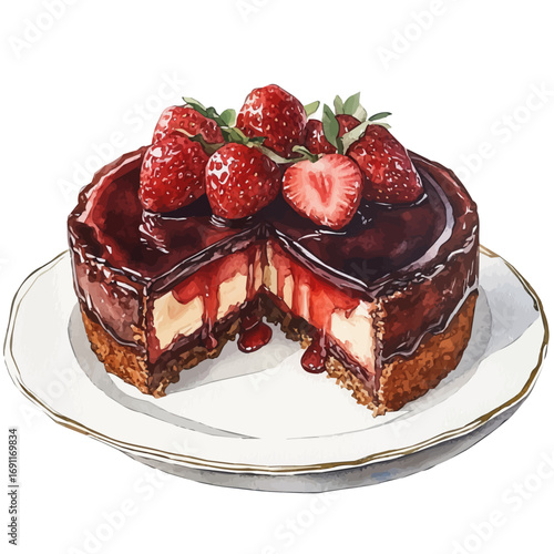 Sacher Torte, watercolor painting vector, isolated on a white background.