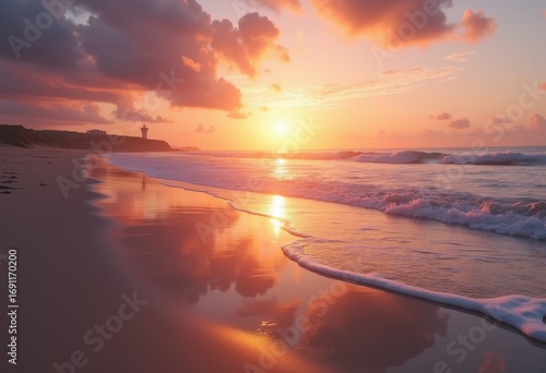 serene beach sunset glowing tranquil tidal pools soft waves vibrant sky, tide, reflection, water, light, sand, ocean, shore, nature, silhouette, horizon