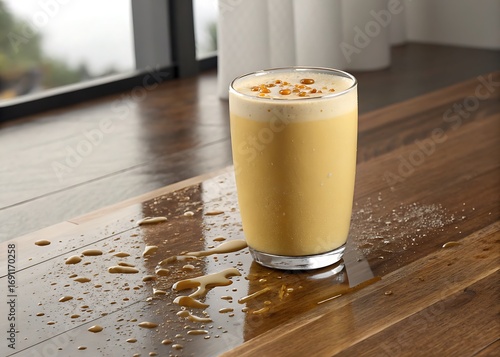A delicious hot espresso beverage with steamed milk and creamy foam served in a glass cup on a cafe table, featuring layers of brown coffee and sweet chocolate cream macchiato