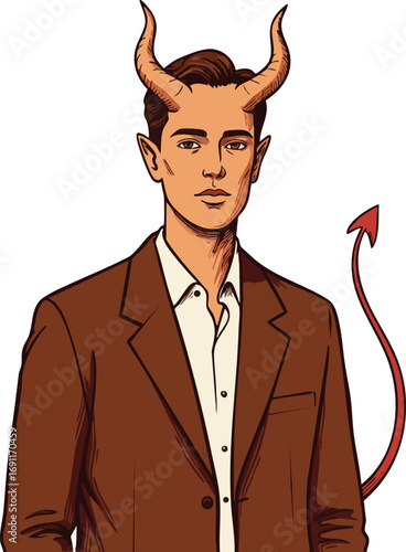 Devil Horns and Tail Man Wearing Brown Jacket and White Shirt Vector Illustration with Fantasy Elements 