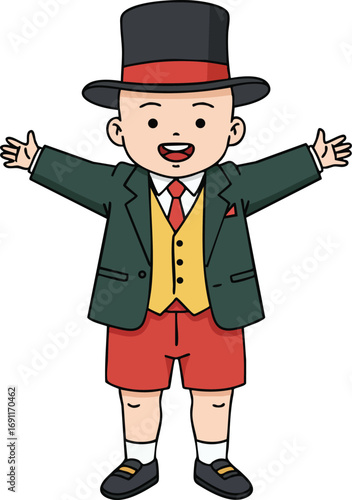Boy in vintage formal outfit with top hat and open arms cheerful expression illustration vector 
