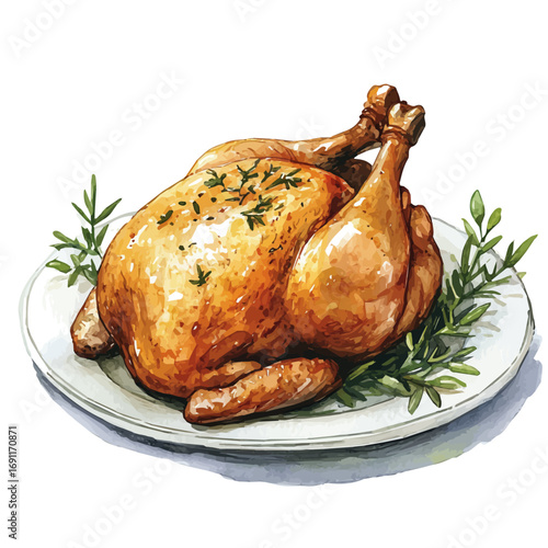 watercolor vector of Roast Chicken, isolated on a white background.