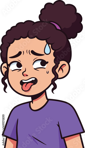 Young girl sweating nervously with purple shirt and curly hair in ponytail vector illustration 