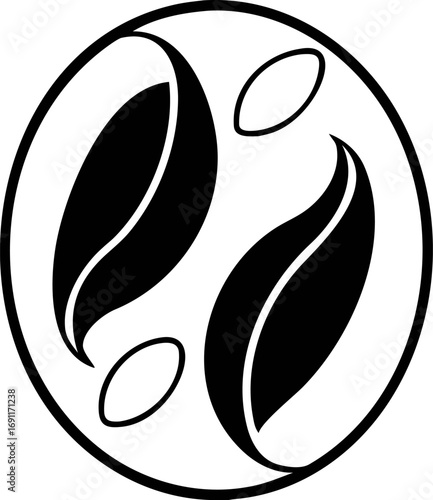 Black and white circular emblem featuring two stylized leaves and two smaller oval shapes, representing nature and harmony (792)