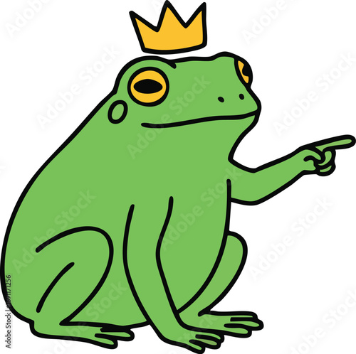 Frog with yellow crown sitting and pointing green amphibian cartoon vector illustration 