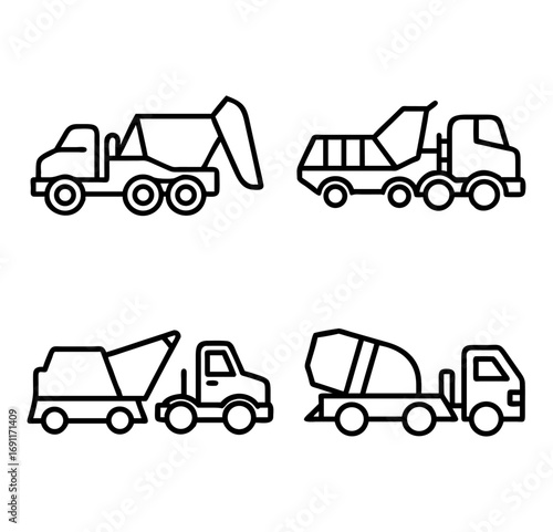 Construction trucks line art icons for building projects, infrastructure, transportation, and industry designs