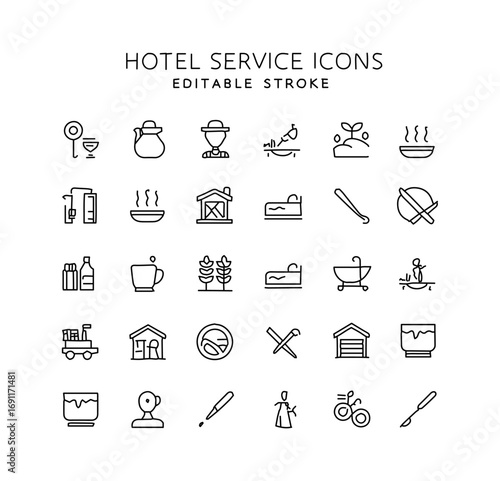Essential hotel services in simple line icons offering clear communication and clean, modern aesthetics