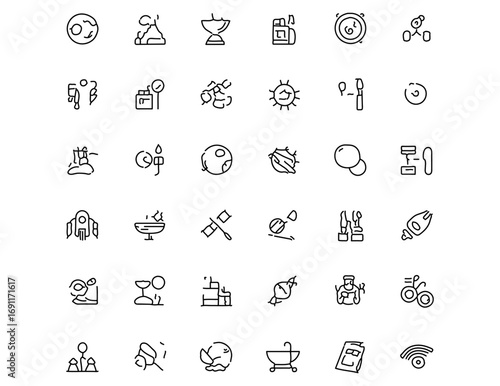 Explore modern science with this unique icon set featuring space, technology, and scientific concepts