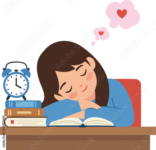 Girl asleep on book dreaming with hearts above head study break concept vector illustration 