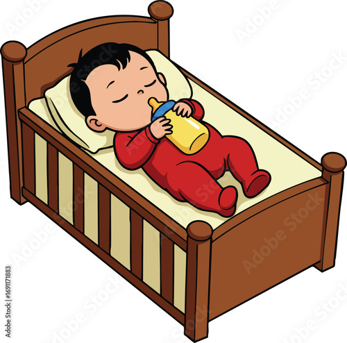 Baby drinking milk from bottle lying in wooden crib wearing red pajamas vector illustration 