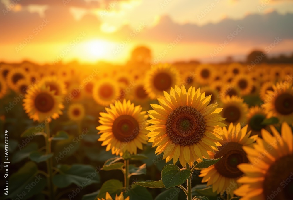 Obraz premium stunning majestic sunrise over expansive sunflower field discover vibrant beauty golden petals, nature, landscape, flora, horizon, glow, morning, dawn