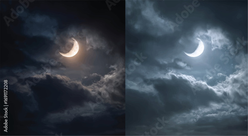 Dramatic Crescent Moon Glowing in the Night Sky Surrounded by Dark Clouds Serene Lunar Landscape