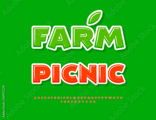 Vector Bright poster Farm Picnic. Artistic Red Font. Glossy Alphabet Letters and Numbers set.